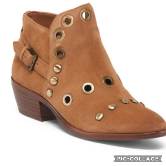 Sam Edelman Pedra Suede Pull On Ankle Boots Taupe Suede STUDED Western Booties 5 - Picture 1 of 8